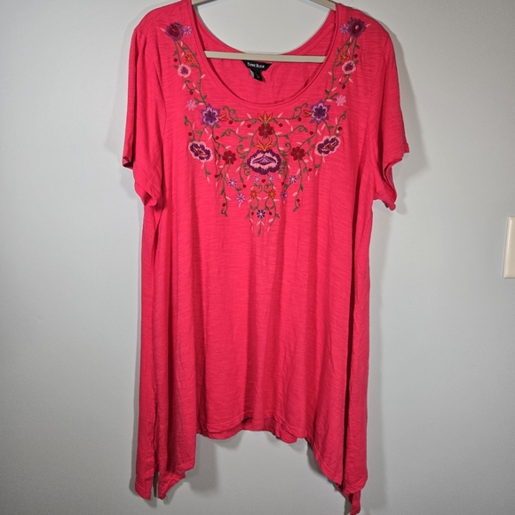 Terre Bleue Pink Embroidered Tunic Top Women's XL 100%‎ Cotton Boho Short Sleeve - Picture 1 of 9